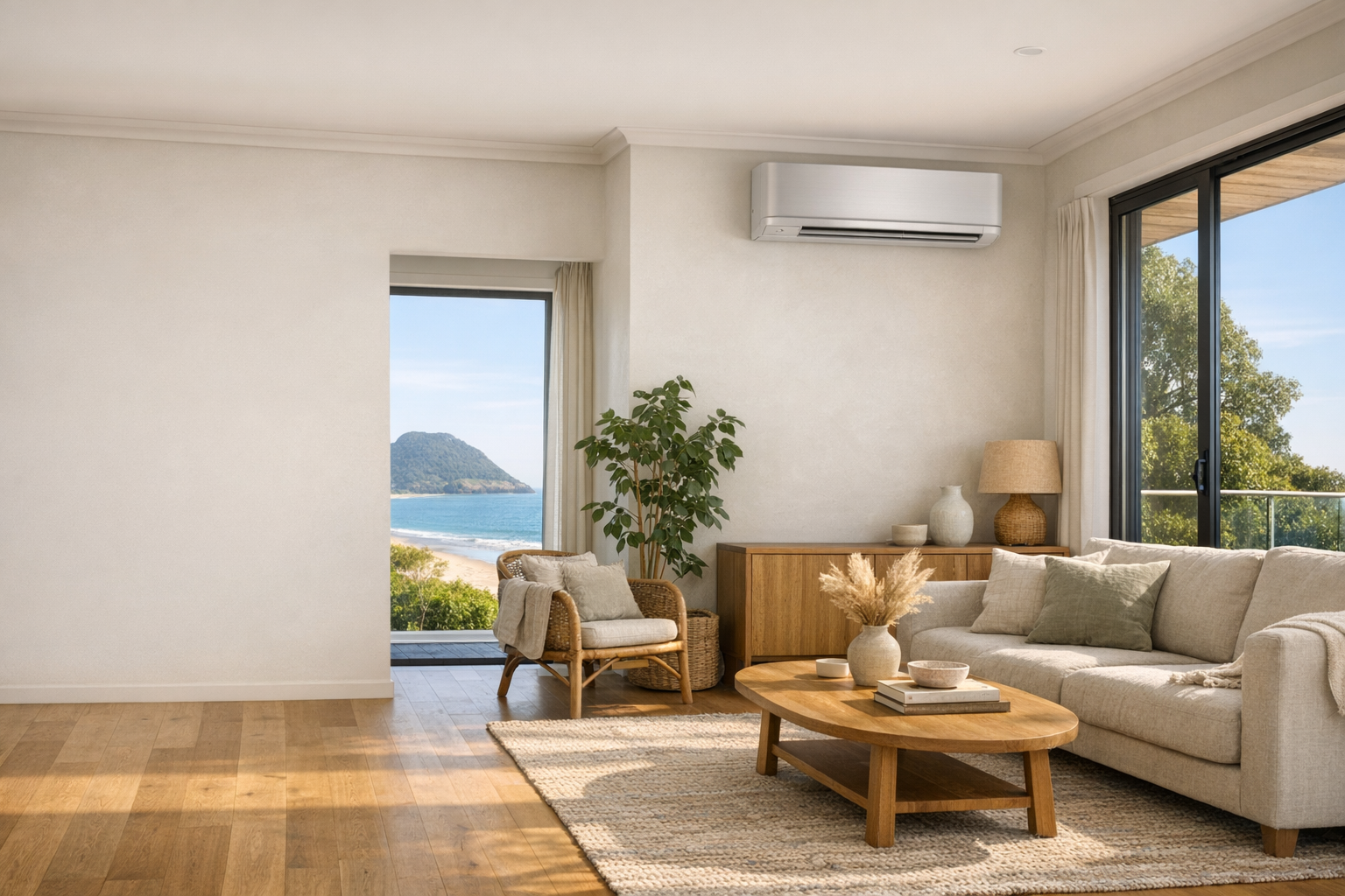Bright contemporary living room with a wall-mounted heat pump.